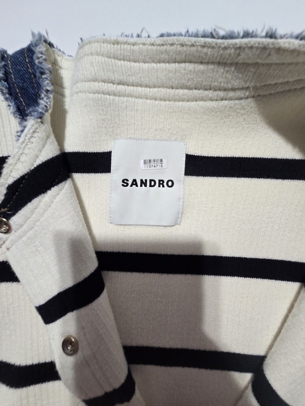 Sandro Stripey Cardigan With Denim Details Knit Crew Neck Long Sleeves Size S - Picture 8 of 13